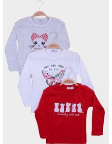 Resim 3'lü Cat Meow-free To Fly-lovely Cute Cat Baskılı Kız Çocuk Uzun Kol Kırmızı-beyaz-gri Sweatshirt Çok Renkli 