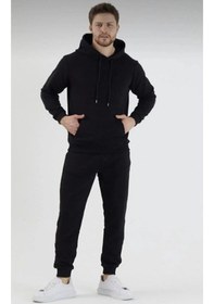 Resim Kapüşonlu Siyah Eşofman Takımı Unisex Oversize 2 Iplik Siyah 