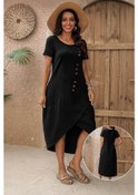 Resim Kadın Kısa Kollu Bisiklet Yaka Düğme Detay Müslim Elbise Siyah 