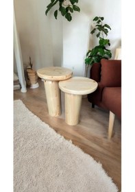 Resim Wood Ahşap 2 Li Set Mantar Yan Sehpa Modern Fiskos / Çiçeklik / Zigon Kahverengi 