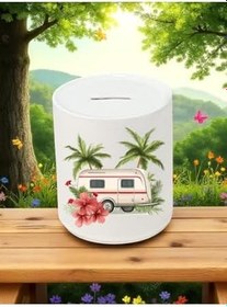 Resim Karavan ve Çiçek Deseni Baskılı 3'lü Seramik Kumbara 