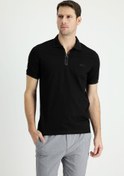 Resim Siyah Polo Yaka Slim Fit Dar Kesim Fermuarlı Baskılı Tişört Kigili