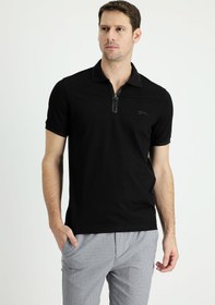 Resim Siyah Polo Yaka Slim Fit Dar Kesim Fermuarlı Baskılı Tişört 