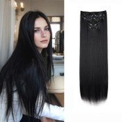 Resim Sentetik Uzun Düz Saç Ek Parçası, 16 Klipsli Görünmez Dikişsiz Saç Uzatma, Yüksek Isıl Dirençli Fiber 