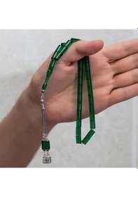 Resim 925 Ayar Gümüş Püsküllü Silindir Kesim Yeşil Kehribar Tesbih 