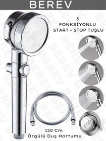 Resim Berev Duş Başlığı Krom3 Sprey Ayarı Açık/kapalı Durak Anahtarı Duş Spiral Hortumu ( 150cm) 