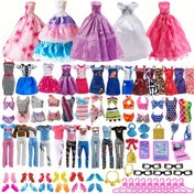 Resim 53 adet rastgele bebek kıyafeti ve aksesuarları, 5 adet moda, 3 adet elbise, 3 bikini, 5 kıyafet, 10 çift ayakkabı, 5 çift gözlük, 10 askı, 12 adet 11.5 inç bebek bilgisayar kozmetik çantaları 