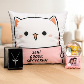 Resim Seni Seviyorum Yastık & Kar Küresi & Melek Kolye Hediye Seti 