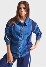Resim Kadın Kot Rengi 1w5-5 Oversize Parçalı Kumaş Özel Tasarım Denim Ceket - Kot Renk / S/M 