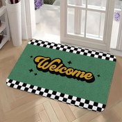 Resim 1 adet Retro Hoş Geldiniz İşareti Paspas - Kontrol Desenli ve Yıldızlı Kaymaz Polyester Mat, Sadece Elde Yıkama, Mutfak Yatak Odası Banyo Oturma Odası için Yeşil ve Siyah Giriş Matı 