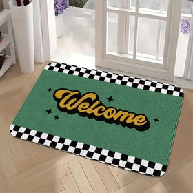 Resim 1 adet Retro Hoş Geldiniz İşareti Paspas - Kontrol Desenli ve Yıldızlı Kaymaz Polyester Mat, Sadece Elde Yıkama, Mutfak Yatak Odası Banyo Oturma Odası için Yeşil ve Siyah Giriş Matı 