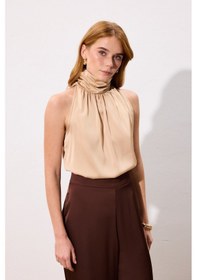Resim Sateen Boğazlı Kolsuz Bluz - Camel-136544 CAMEL 