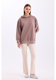 Resim Pastelastore Pamuklu Kapüşonlu 2 İplik Baharlık Oversize Sweatshirt Vizon 