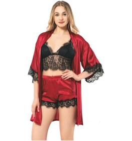 Resim Kubatex Braletli Güpürlü Saten Babydoll Ve Sabahlık - Üçlü Takım Kırmızı 