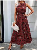 Resim Kadın Kolsuz Bisiklet Yaka Beli Lastikli Desenli Süprem Elbise Kırmızı 