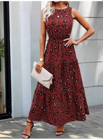 Resim Kadın Kolsuz Bisiklet Yaka Beli Lastikli Desenli Süprem Elbise Kırmızı 