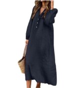 Resim Novahub Yaz Bayan Elbise Pamuk Keten V Yaka Zarif Ve Nefes Alabilir Uzun Kollu Düğme Dekorasyon Elbise Lacivert - 2xl Lacivert 