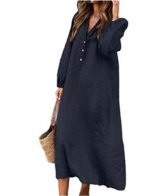 Resim Novahub Yaz Bayan Elbise Pamuk Keten V Yaka Zarif Ve Nefes Alabilir Uzun Kollu Düğme Dekorasyon Elbise Lacivert - 2xl Lacivert 