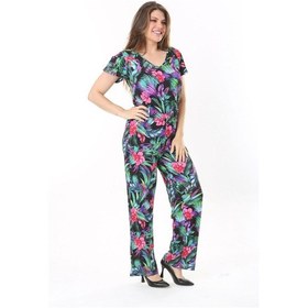 Resim Kadın Büyük Beden Renkli V Yakalı Renkli Tulum 65n37769-renkli Çok Renkli 