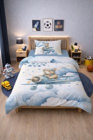 Resim Evmila Pilot Ayıcık Desenli Nevresim Takımı - 160x220cm Nevresim +50x70cm Yastık Kılıfı+100x200cm Çarşaf 