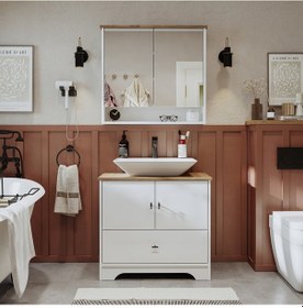 Resim Lavabolu Mat Beyaz Mdf 80 Cm Çekmeceli Banyo Dlp + Aynalı Üst Dlp Beyaz - Atlantik Çam 