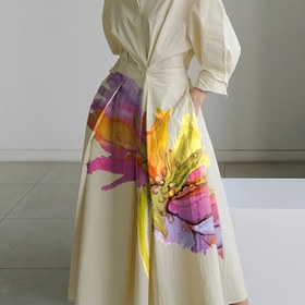 Resim Cepli Uzun Elbise Baskı - Polyester, Makinede Yıkanabilir, Şeffaf Olmayan, Her Mevsim Kadın Modası, Resmi Çiçek Desenli Elbise | Sanatsal Çiçek Deseni | Polyester Kumaş, Sevimli Elbiseler 