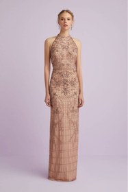 Resim Oleg Cassini Kadın Bronz Rengi Halter Yaka Payetli Abiye Elbise 4XLGO203883 