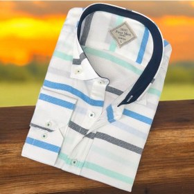 Resim Pamuklu Uzun Kollu Mavi Çizgi Bloklu Erkek Gömlek Slim Fit Kalıp -9861 Mavi 
