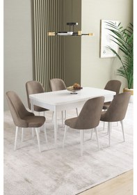 Resim Ikon Beyaz 80x132 Mdf Açılabilir Yemek Masası Takımı 6 Adet Sandalye Cappucino 