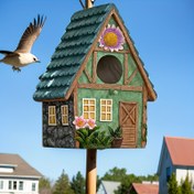 Resim Renkli Shake Çatılı ve Canlı Çiçek Dekorlu Vintage Reçine Kuş Evi - Bahçe, Veranda ve Avlular İçin Asılabilir Kuş Yuvası - Elektrik Gerektirmez, Tüysüz, Kuş Dekoru - 1 Adet 