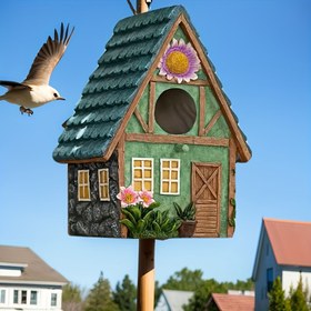 Resim Renkli Shake Çatılı ve Canlı Çiçek Dekorlu Vintage Reçine Kuş Evi - Bahçe, Veranda ve Avlular İçin Asılabilir Kuş Yuvası - Elektrik Gerektirmez, Tüysüz, Kuş Dekoru - 1 Adet 