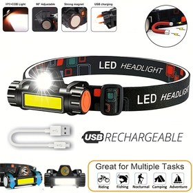 Resim 1 adet LED Baş Lambası, USB Şarj Edilebilir COB Baş Lambası Manyetik ile, Süper Hafif, Ayarlanabilir Baş Bandı, Açık Hava Kampı, Koşu, Balıkçılık ve Acil Durumlar için Uygun 