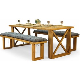 Resim Neiwel Leis Doğal Ahşap Banklı Yemek Masası Takımı-120-260 Takım Açık Ceviz 