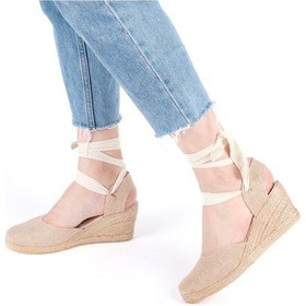 Resim Gerçek Elişi Arkası Açık Geniş Ipli Dolgu Topuk Keten Kadın Espadril Handmade Hasır 