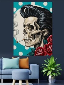 Resim Rockabilly Saçlı Kafatası Dekoratif Kanvas - Mdf Ahşap Tablo 