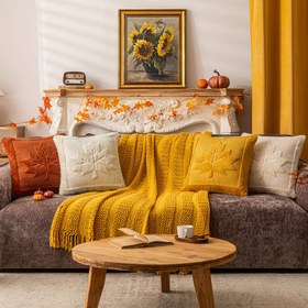 Resim Sonbahar Yastık Kılıfı Seti 2'li, Ev Dekoru Akçaağaç Yaprağı Nakışlı Yumuşak Kısa Peluş Yastık Kılıfı, Şükran Günü Retro Zencefil Sarısı, Kanepe ve Yatak Odası İçin Uygun, 45.72x45.72 cm, İç Dolgu Dahil Değildir 