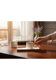 Resim Buenos Porselen Sedef Yaldızlı Sunumluklu Kahve Fincan Takımı Seti 6 Kişilik Altın 