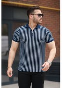Resim Erkek Çizgili Fermuar Yakalı Kısa Kollu Tişört Lacivert - Beyaz 