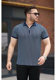 Resim Erkek Çizgili Fermuar Yakalı Kısa Kollu Tişört Lacivert - Beyaz 