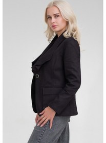 Resim Kadın Pamuk Likralı Düğmeli Yaka Valonlu Cepli Ceket Siyah 
