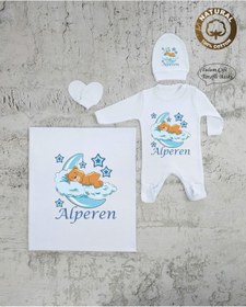 Resim yzc home size dair... E60 Bt Isimli Erkek Bebek Battaniye Tulum Şapka Eldiven Set Hastane Çıkışı %100 Pamuk 