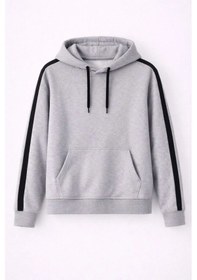 Resim Erkek Şeritli Kapüşonlu Sweatshirt Oversize 3 İplik Pamuklu - Gri 