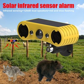 Resim 1pc Güneş Enerjili Hareket Algılayıcı Alarm, 129dB Çift Hoparlör ile Kırmızı ve Mavi Yanan LED Işık, Su Geçirmez Güvenlik Uyarı Sistemi Ev, Villa, Çiftlik, Kulübe için - Sökülemeyen Fotovoltaik Modül, Şarj Edilebilir Lityum Batarya 