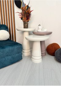 Resim AYLESA Doğal Ahşap 3’lü Set Mantar Yan Sehpa Modern Renkli Fiskos Zigon Çiçeklik 