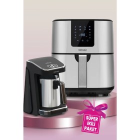 Resim Goldmaster Avantajlı Ikili Set 7 Litre Inox Xxl Dokunmatik Airfryer Sıcak Hava Fritözü Çelik Cezveli Türk Kahve Makinesi 