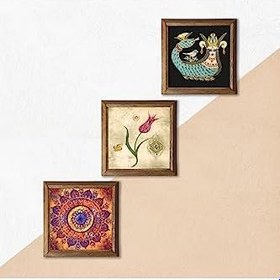 Resim Pinecone Mandala, Lale Ebru Sanatı, Şahmeran Taş Duvar Tablosu - Ahşap Çerçeveli Taş Tablo - 25x25 cm - 3 Parça Set - Dekoratif Duvar Sanatı - Modern Ev ve Ofis Duvar Dekoru W3-672 