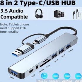 Resim Çok Fonksiyonlu Hub, USB & TYPE-C Portları, USB 3.0 + USB-C + SD/TF + 3.5mm Ses Özellikli. Akıllı telefonlar, tabletler ve bilgisayarlar için video ve ses çıkışı desteği sunan çok yönlü bağlantı istasyonu 