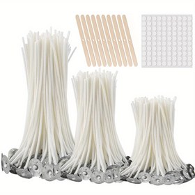 Resim 300 İşlevsel Dumanızsız Mum Fitili, 100 Fitil Tabı ve 10 Ahşap Tutucu ile Sütun Mumları & DIY El İşi İçin Önceden Vakslanmış Çekirdekler – 410 Parça (10cm/3.9inç, 15cm/6inç, 20cm/8inç) 