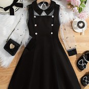 Resim Kızlar için şık midi elbise, file detaylı, uzun kollu, düz renkli, polyester 100%, esnek olmayan, düzenli fit, yaz moda, sahte düğmeler, geniş hem, gençlik - HWMFSNHFZ 