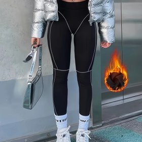 Resim Kadınlar için Yüksek Bel Karın Kontrollü Kalça Kaldırıcı Yoga Pantolonları - Siyah ve Beyaz Kontrast Detaylı Nefes Alabilir Orta Sıkıştırma Termal Taytlar, Düz Renkli Kışlık Egzersizler & Günlük Kullanım İçin, Makinede Yıkanabilir, Fitness Giyim | Yüksek Bel Tasarım | Sıkı Siluet 